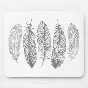 Grey Watercolor Feather Tribal Print Mousepad