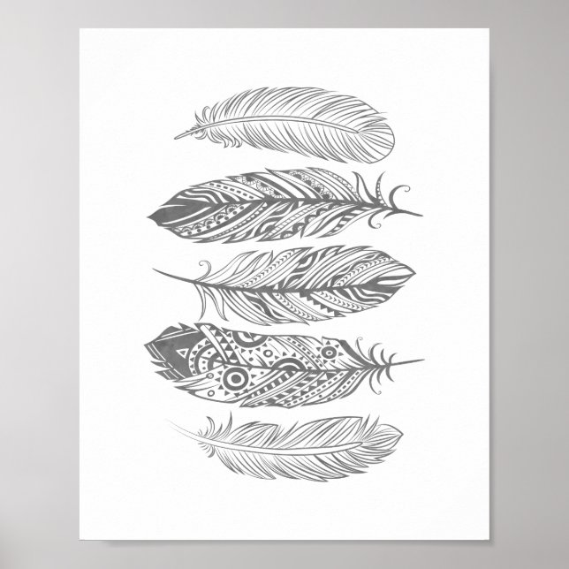 Grey Watercolor Feather Tribal Print Poster (Front)