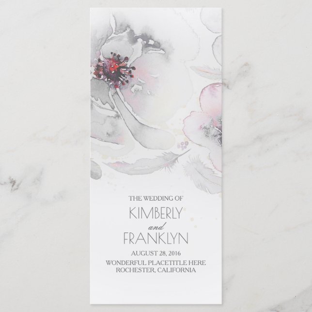 Grey Watercolor Flowers Boho Wedding Programs Programme (Front)