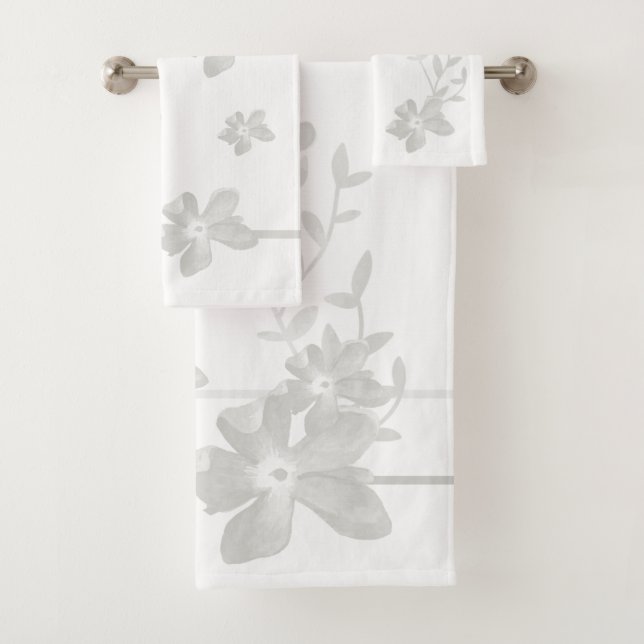 Grey Watercolor Flowers Stripes On White Bath Towel Set (Insitu)