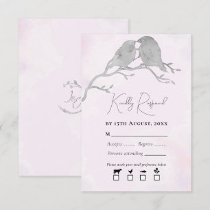Grey Watercolor Lovebirds On Branch Pale Pink RSVP Card