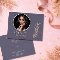Grey Watercolor RoseGold Leaf Photo 21st Birthday 