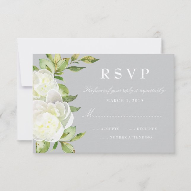 Grey Watercolor Spring Floral Peony Wedding RSVP (Front)