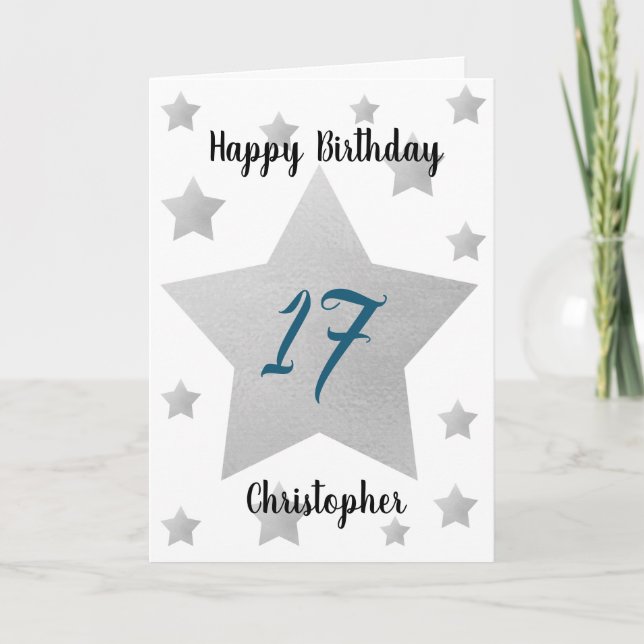 Grey Watercolor Stars 17th Birthday Card (Front)