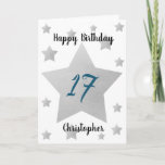 Grey Watercolor Stars 17th Birthday Card<br><div class="desc">Personalised grey watercolor stars 17th birthday card for him. The front features watercolor grey stars and a place for you to personalise with the birthday recipient's name. The inside card message can be easily personalised and the back with the year. This stars personalised 17th birthday card would make a unique...</div>