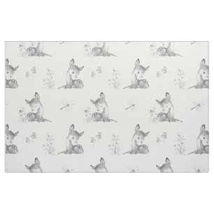 Grey Watercolor Woodland Baby Deer Fawn Girl Fabric