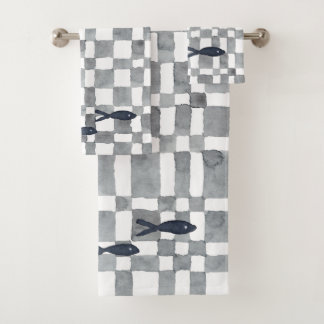Grey Watercolour Checks Fish Towel Set