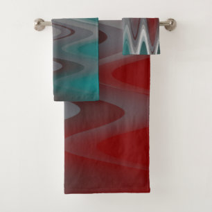 Grey waves on burgundy teal bath towel set
