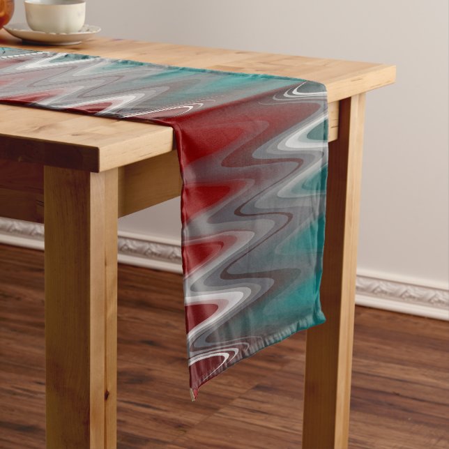 Grey waves on burgundy teal medium table runner (In Situ)