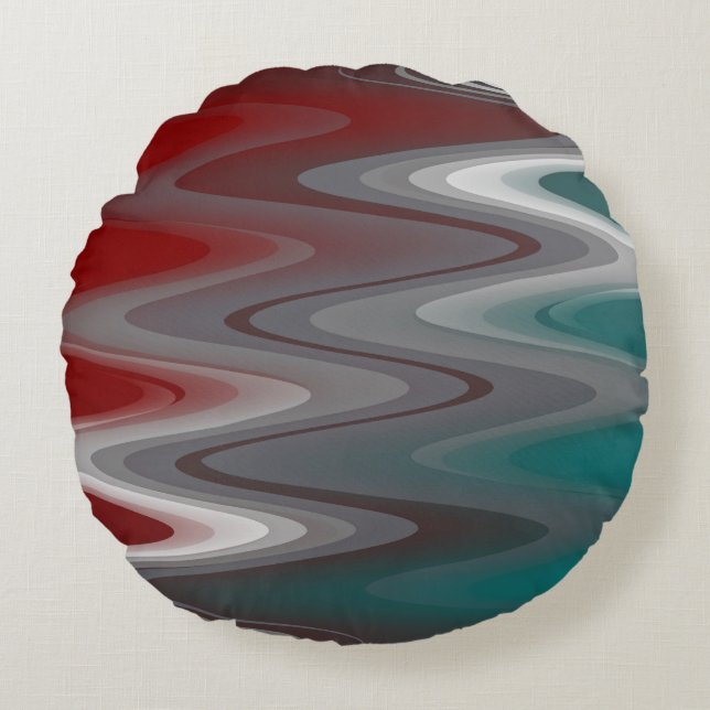 Grey waves on burgundy teal round cushion (Front)