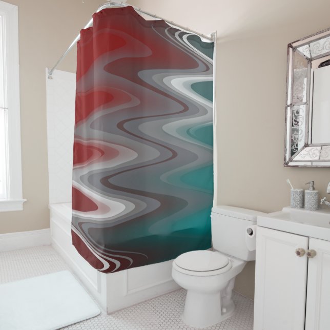 Grey waves on burgundy teal shower curtain (In Situ)