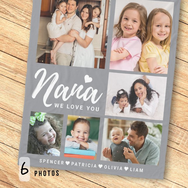 Grey We Love You Nana Grandkids 6 Photo Collage  Fleece Blanket (Creator Uploaded)