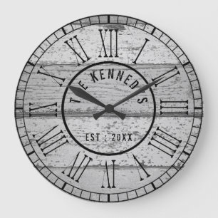 Grey Weathered Wood Family Name Roman Numeral Large Clock