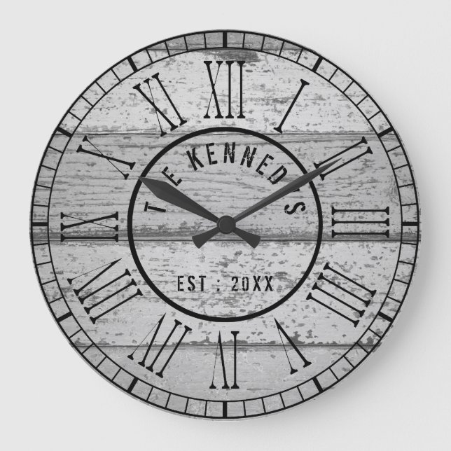 Grey Weathered Wood Family Name Roman Numeral Large Clock (Front)