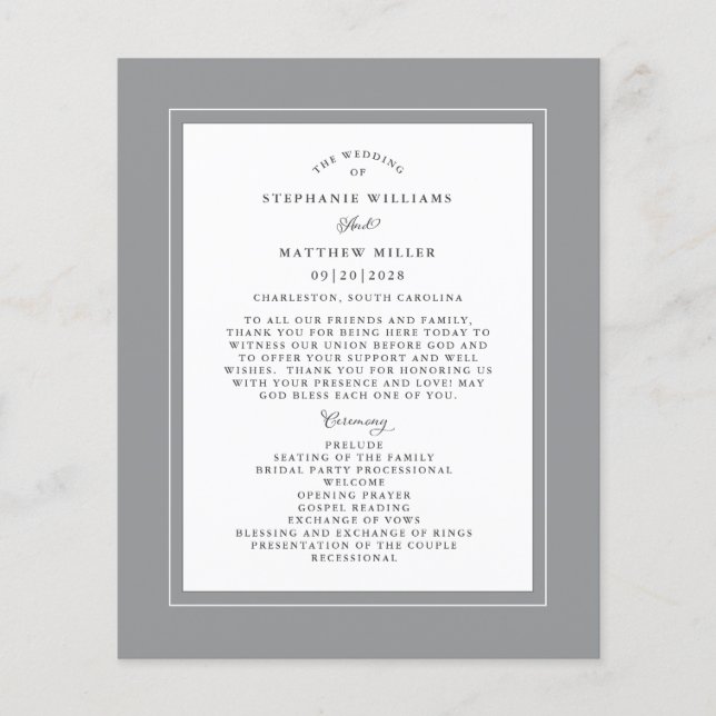 Grey Wedding Ceremony Elegant Budget Program (Front)