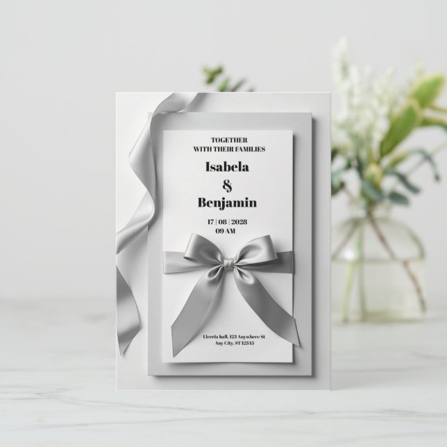Grey wedding invitation with satin ribbon (Standing Front)