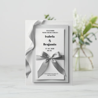 Grey wedding invitation with satin ribbon