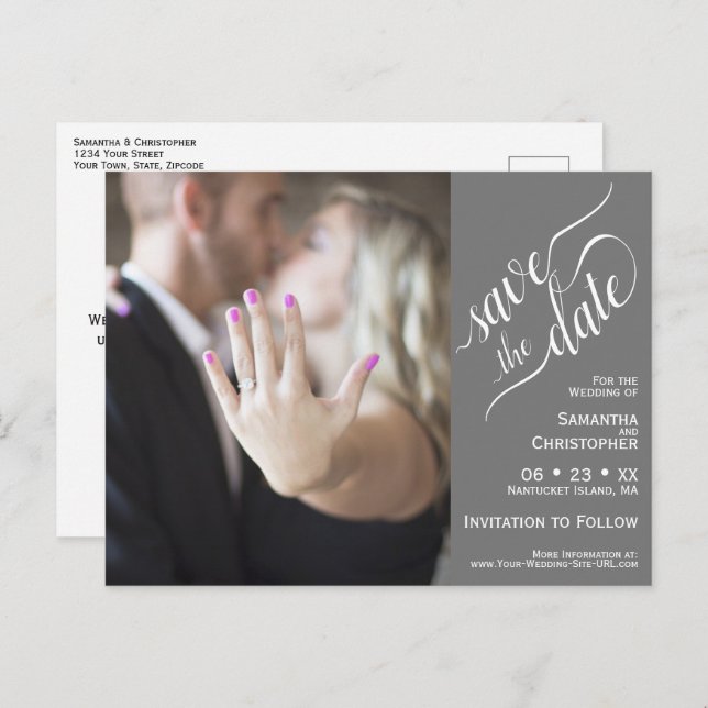 Grey Wedding Save the Date Photo & Calligraphy Announcement Postcard (Front/Back)