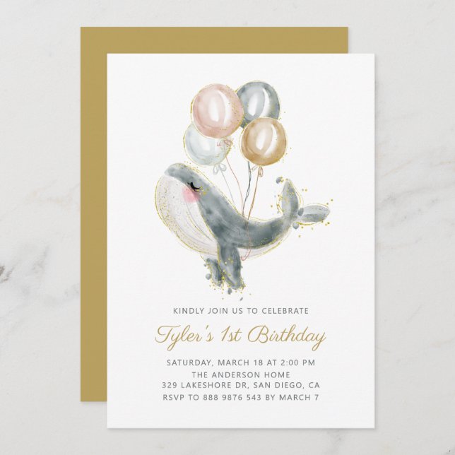 Grey Whale Gold Glitter First Birthday Party Invitation (Front/Back)