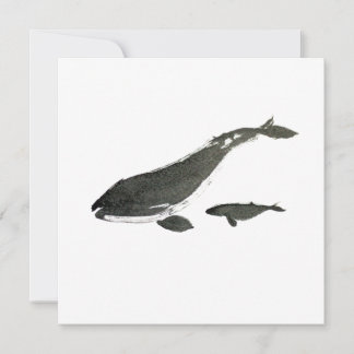 Grey whale mum and baby sumie ink painting holiday card