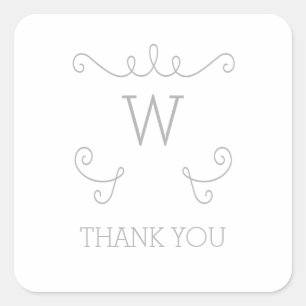 Grey Whimsical Flourish Monogram Thank You Square Sticker