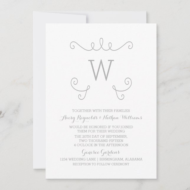 Grey Whimsical Flourish Monogram Wedding Invite (Front)