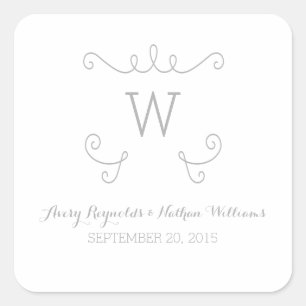 Grey Whimsical Flourish Monogram Wedding Stickers