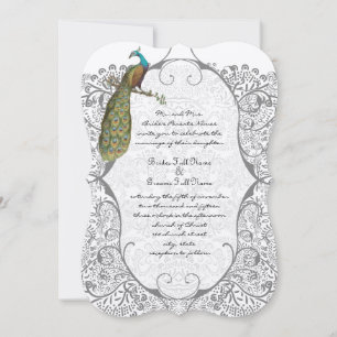 Grey Whimsical  Peacock Love Bird Pattern Wedding Invitation