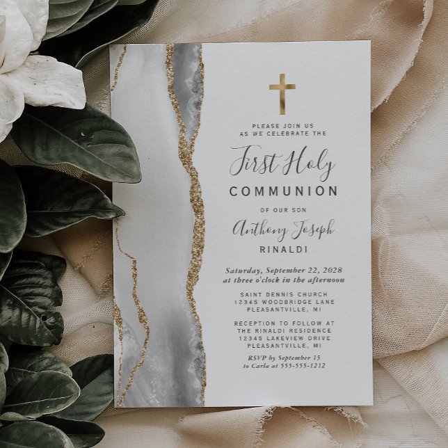 Grey White Agate Gold Glitter First Holy Communion Invitation (Creator Uploaded)