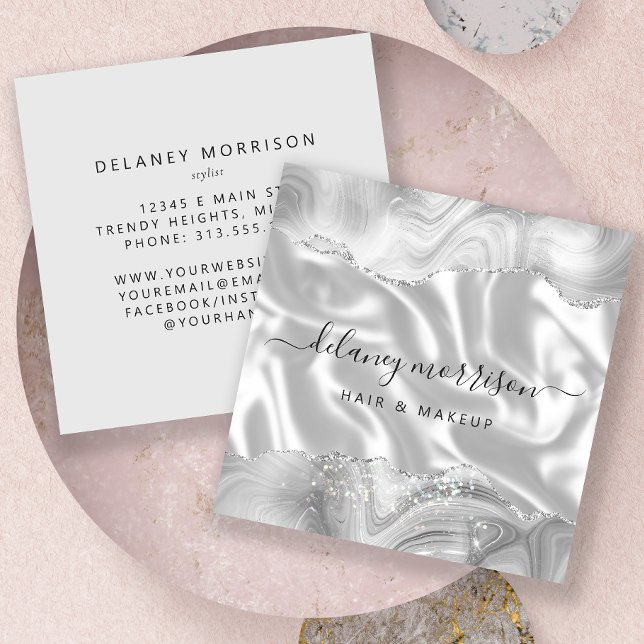 Grey White Agate Silver Glitter Luxury Square Business Card (Creator Uploaded)