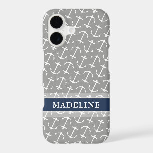Grey White Anchor Pattern Navy Name