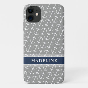 Grey White Anchor Pattern Navy Name Case-Mate iPhone Case