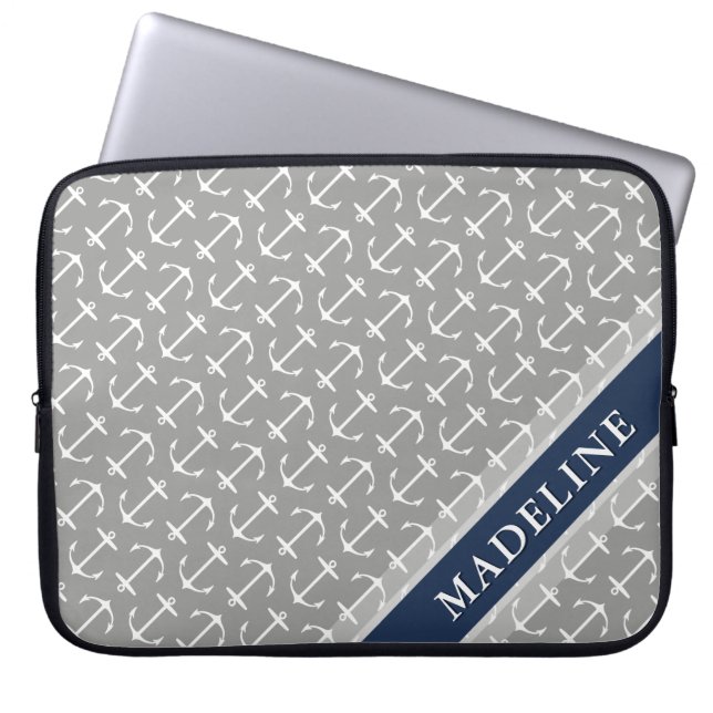 Grey White Anchor Pattern Navy Name Laptop Sleeve (Front)