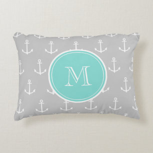 Grey White Anchors Pattern, Mint Monogram Decorative Cushion