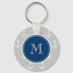 Grey White Anchors Pattern, Navy Blue Monogram Key Ring