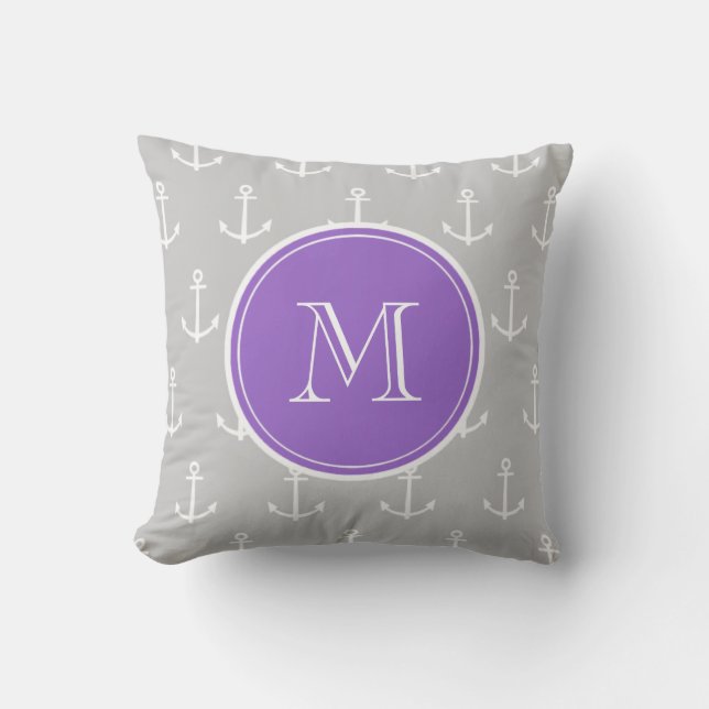 Grey White Anchors Pattern, Purple Monogram Cushion (Front)