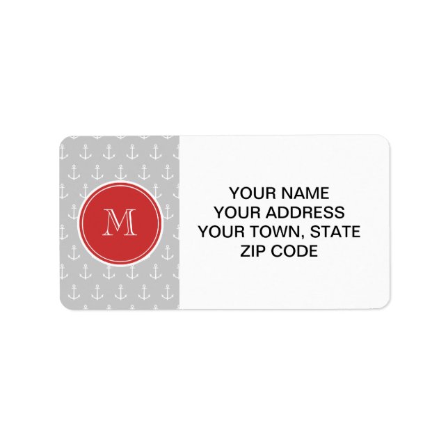Grey White Anchors Pattern, Red Monogram Label (Front)