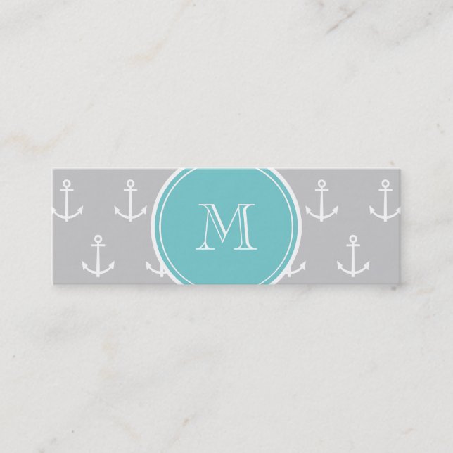 Grey White Anchors Pattern, Teal Monogram Mini Business Card (Front)
