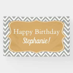 Grey, White and Gold Chevron Birthday Banner