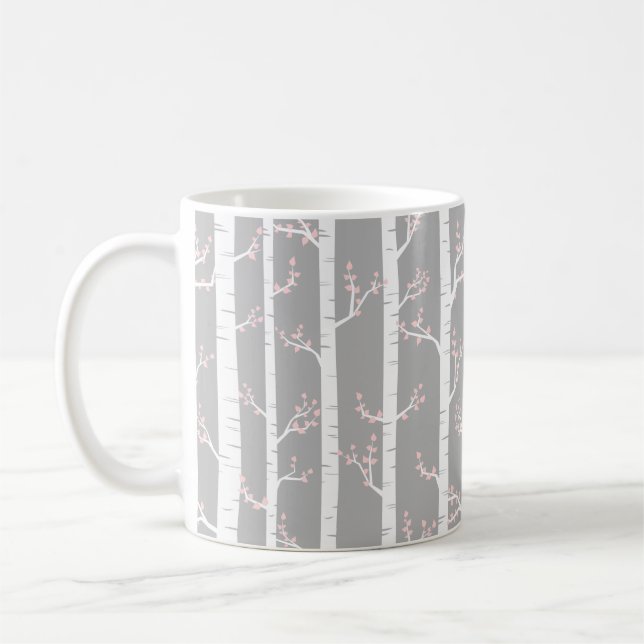 Grey, White and Pastel Pink Birch Trees Forest Coffee Mug (Left)