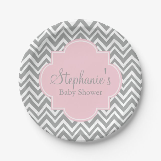 Grey, White and Pastel Pink Chevron Baby Shower Paper Plate (Front)