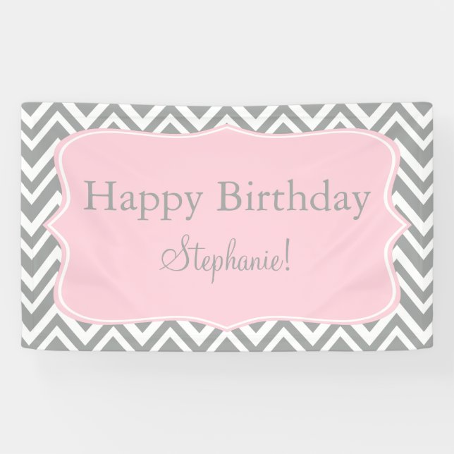 Grey, White and Pastel Pink Chevron Birthday Banner (Horizontal)