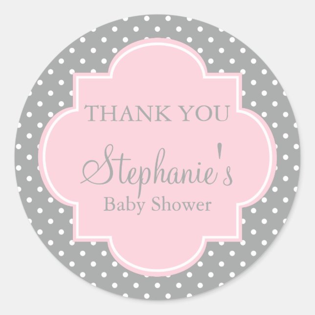 Grey, White and Pastel Pink Polka Dot Baby Shower Classic Round Sticker (Front)