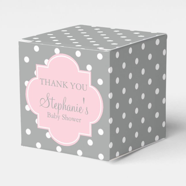 Grey, White and Pastel Pink Polka Dot Baby Shower Favour Box (Front Side)