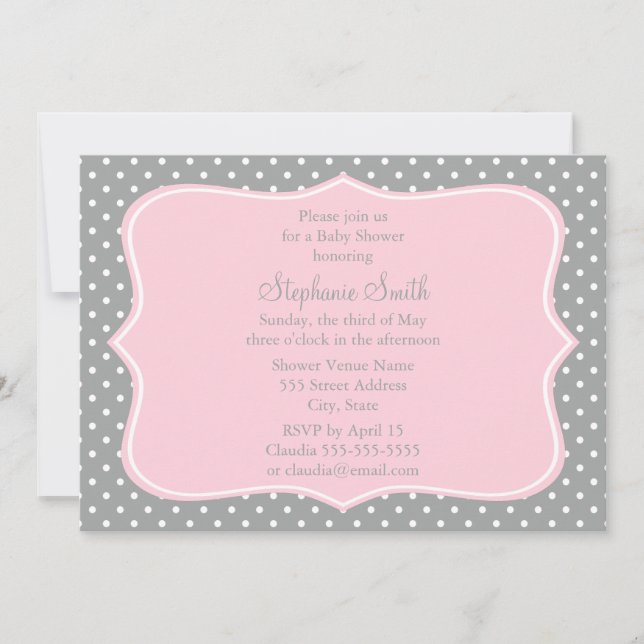 Grey, White and Pastel Pink Polka Dot Baby Shower Invitation (Front)