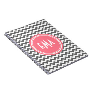 Grey White And Pink Monogram Chevron Pattern Notebook