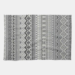 Grey white aztec patterns design tea towel