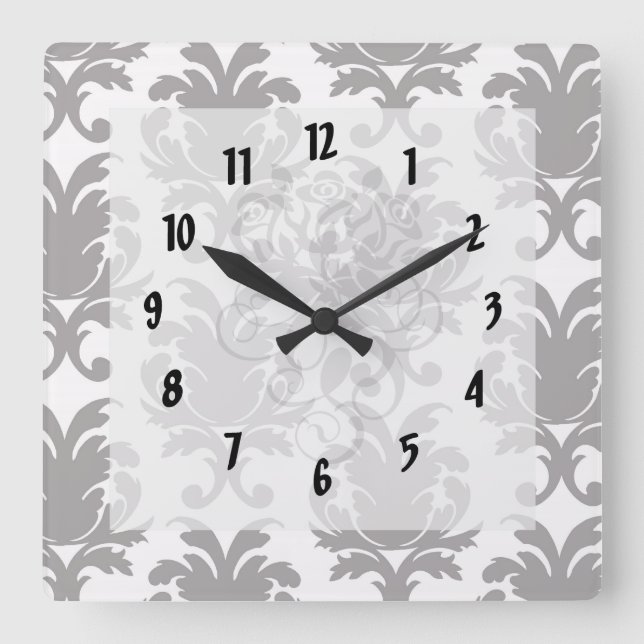 grey white baroque damask square wall clock (Front)