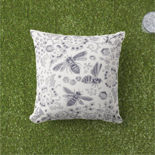 Grey  White Bee Floral Unique Rustic Farmhouse  Cushion
