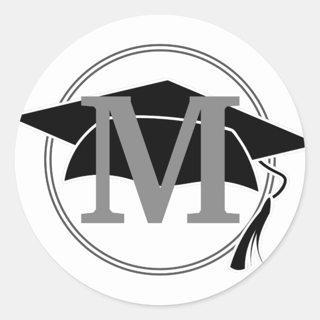Grey White Black Graduation Cap Monogram Initial Classic Round Sticker (Front)